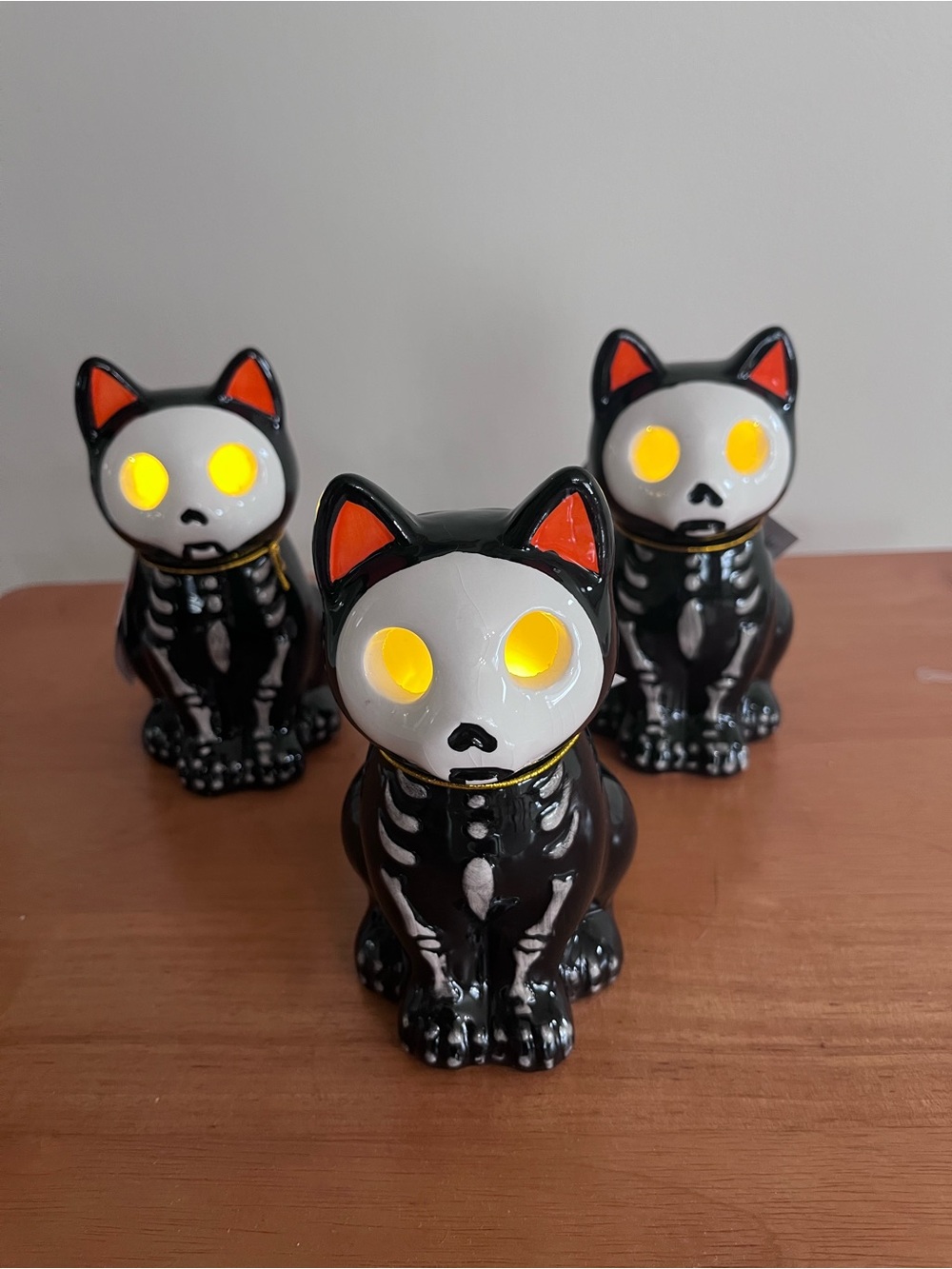 Set of 3 Light Up Ceramic Skeleton Black Cat Halloween Figurines NWT 5.5"